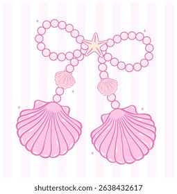Coquette pink pearl bow seashell pastel hand drawn doodle Summer y2k retro aesthetic