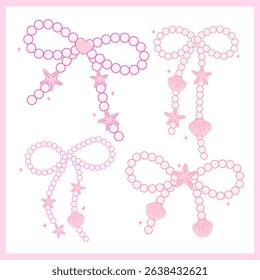 Coquette pink pearl bow seashell pastel hand drawn doodle Summer aesthetic Collection