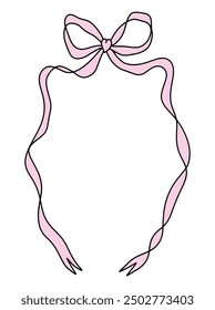 Coquette pink pretty charming bow frame vector Illustration, cute doodle decor, boho flat girl accessories. Isolated hand-drawn ribbon art. Trendy girly fancy concept. Holiday party invitation