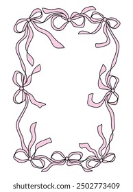 Coquette pink pretty charming bow frame vector Illustration, cute doodle bows set decor, boho flat girl accessories. Isolated hand-drawn ribbon art. Trendy girly fancy concept. Holiday party