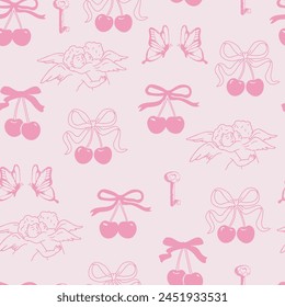 Coquette pink ribbon bow. Cherries with bow. Angels and butterflies. Cute hand drawn doodle pattern. Vector