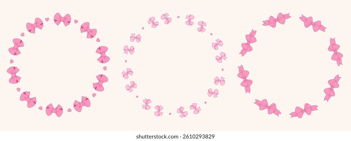 Coquette Pink Ribbon Bow Circle Frame set. Vintage isolated Elegant round border. Romantic Girly Vibe. Vector illustration for design, wedding, invitation, card