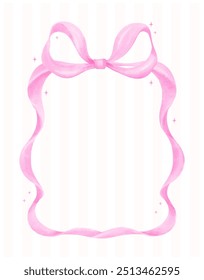 Coquette Pink Ribbon bow Crest Frame Watercolor Preppy Retro Grandmillennial