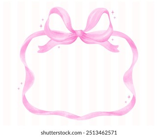 Coquette Pink Ribbon bow Frame Watercolor Preppy Retro Grandmillennial style