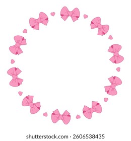 Coquette Pink Ribbon Bow and Heart Circle Frame. Vintage Elegant round border. Romantic Girly Vibe. Vector illustration for design, wedding, invitation, card