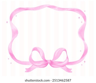 Coquette Pink Ribbon bow Preppy Frame Watercolor Girly Retro Grandmillennial style