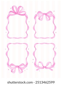 Coquette Pink Ribbon bow Vertical Frame Watercolor set Preppy Retro Grandmillennial style collection 