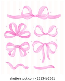 Coquette Pink Ribbon bow Watercolor element set Preppy Retro Grandmillennial style collection 