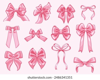 Coquette pink ribbon bows. Shiny satin bow for gift wrapping, y2k aesthetic hair decor and trendy elegant girls accessories isolated vector illustration set. Silk rosy knots for birthday decoration.