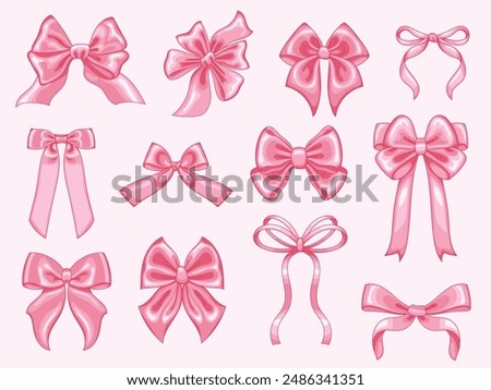 Coquette pink ribbon bows. Shiny satin bow for gift wrapping, y2k aesthetic hair decor and trendy elegant girls accessories isolated vector illustration set. Silk rosy knots for birthday decoration.