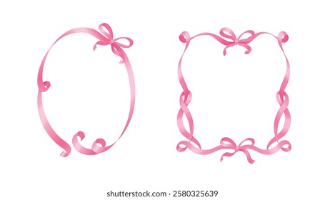 Coquette pink ribbon frames with elegant bows - delicate curled borders, graceful twisted patterns and decorative knots on white background. Realistic romantic design elements for feminine projects.