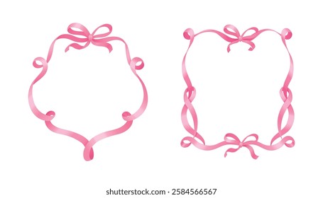 Coquette pink ribbon frames with elegant bows - delicate curled borders, graceful twisted patterns and decorative knots on white background. Realistic romantic design elements for feminine projects.