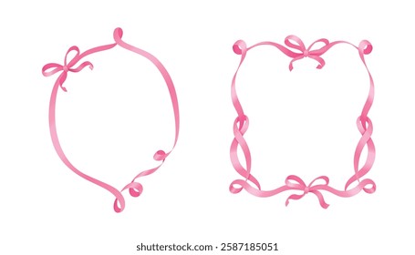 Coquette pink ribbon frames with elegant bows - delicate curled borders, graceful twisted patterns and decorative knots on white background. Realistic romantic design elements for feminine projects.