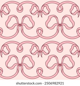 Coquette pink seamless pattern with bows knots and ribbons. Elegant repeated background for weddings, Birthdays, Valentine's day, wrapping paper. Romantic glamour girly wallpaper.