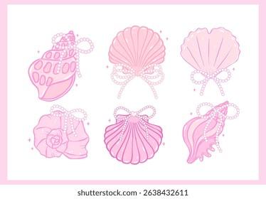 Coquette pink Seashell with pearl bow pastel hand drawn doodle Summer aesthetic Collection
