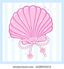 Coquette pink Seashell with pearl bow pastel hand drawn doodle Summer aesthetic for cute girly printable wall art and summer card design