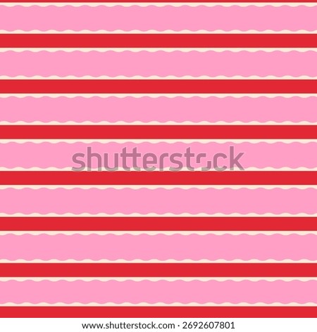 Coquette Pink Striped Seamless Pattern. Trendy Minimal Girlish Abstract Geometric Background with red lines and white curly lace. Simple repeat vector illustration