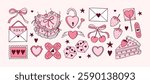 Coquette Pink vector hand drawn stickers, icons, pictures, background, wallpaper. Love letter, lock, key, retro cakes, bow, cherry, hearts, dice. Trendy vintage line art vector set. Kawaii doodles