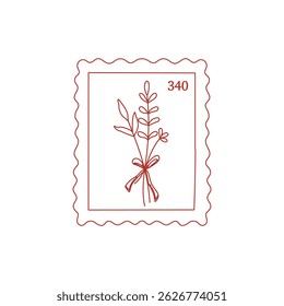Coquette post stamp with cute bouquet of flowers with bow. Postage mail stamp, postmark. Vector illustration for posters, cards, envelopes, printing on t-shirt etc.
