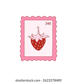 Coquette post stamp with cute strawberry. Postage mail stamp, postmark. Vector illustration for posters, cards, envelopes, printing on t-shirt etc.