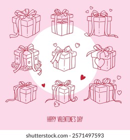 Coquette Present gift boxes set. Hand drawn linear retro bow knots. Vector illustration. Valentine's gift tied with ribbon. Wedding celebration, holiday, party clipart. Vector