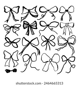 Coquette pretty charming black bows bundle set vector Illustration, cute doodle hair decor, boho flat girl bow accessories. Ribbon isolated hand-drawn art. Trendy girly fancy concept. Holiday party