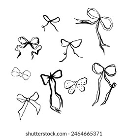 Coquette pretty charming black bows bundle set vector Illustration, cute doodle hair decor, boho flat girl bow accessories. Ribbon isolated hand-drawn art. Trendy girly fancy concept. Holiday party