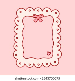 Coquette pretty charming frame with pink bow, lace and heart. Holiday trendy border. Vintage background for greeting cards, wedding, invitations, social media