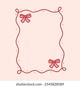 Coquette pretty charming frame with pink little bows. Holiday trendy minimalist border. Vintage background for greeting cards, wedding, invitations, social media