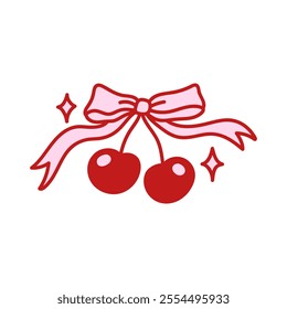 Coquette pretty charming pink bow with cherry berry. Elegant bow knot, gift bow. Beautiful holiday decorative element, festive present decor. Vintage hand drawn illustration