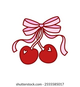 Coquette pretty charming pink bow with cherry berry. Elegant bow knot, gift bow. Beautiful holiday decorative element, festive present decor. Vintage hand drawn clipart