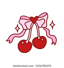 Coquette pretty charming pink bow with cherry berry, heart, stars. Elegant bow knot, gift bow. Beautiful holiday decorative element, festive present decor. Vintage hand drawn clipart