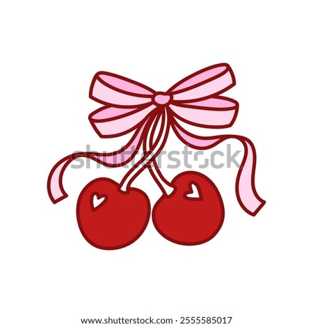 Coquette pretty charming pink bow with cherry berry. Elegant bow knot, gift bow. Beautiful holiday decorative element, festive present decor. Vintage hand drawn clipart