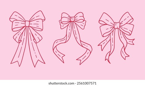 Coquette pretty charming pink bows set. Cute doodle linear hair decor, boho girl bow accessories. Ribbon isolated hand drawn art. Trendy girly fancy concept. Valentine vector illustration.