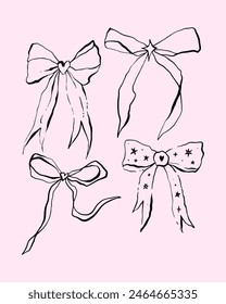 Coquette pretty charming pink heart bows bundle set vector Illustration, cute doodle hair decor, boho flat girl bow accessories. Ribbon isolated hand-drawn art. Trendy girly fancy concept. Holiday