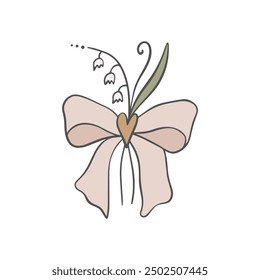 Coquette pretty charming pink heart bow frame and bouquet of lilies of the valley wildflowers set. Wedding or Birthday party floral botanical illustration, cute doodle flower decor, boho flat girl