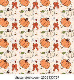 Coquette pumpkin ribbon bow and fall leaves seamless repeating pattern. Thanksgiving fall background