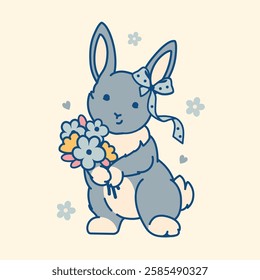 Coquette rabbit standing with a bouquet of spring flowers. Pastel tone vector illustration. Heartwarming design for Easter decor, seasonal greeting cards, stickers, prints, baby holiday projects