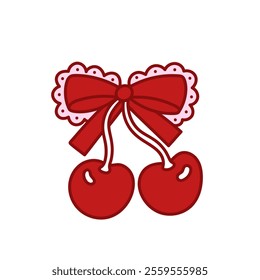 Coquette red bow with cherry berry. Elegant bow knot, gift bow with lace. Beautiful holiday decorative element, festive present decor. Vintage hand drawn clipart