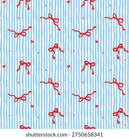 Coquette red bow and heart seamless background, cute hand drawn repeating print on baby blue sky stripes. Perfect for aesthetic digital paper, scrapbooking, and stationery.