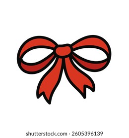 Coquette red bow of ribbon. Beautiful holiday decorative element, festive gift decor. Cute bowknot. Vector isolated clip art