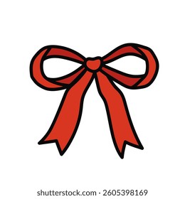 Coquette red bow of ribbon. Beautiful holiday decorative element, festive gift decor. Cute trendy bowknot. Vector isolated clip art