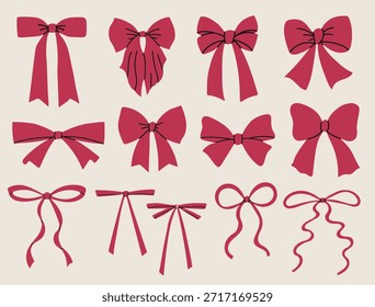 Coquette red bows set collection for decoration design icon clipart logotype isolated illustration
