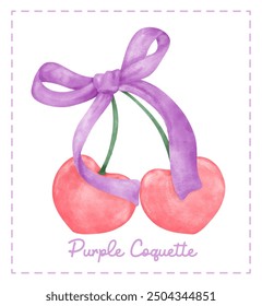 Coquette red cherries with purple ribbon bow, Trendy aesthetic watercolor hand painting