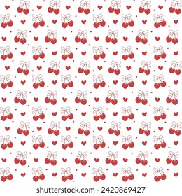 Coquette red cherry with bow seamless pattern isolated on white background. 