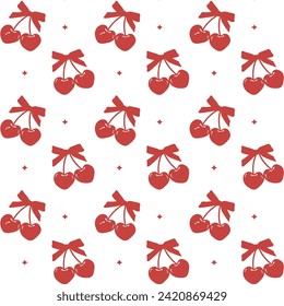 Coquette red cherry with bow seamless pattern isolated on white background. 