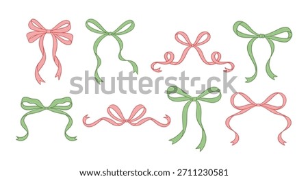 Coquette red and green bow set. Line art drawings, different vintage ribbons. Christmas, Valentine's, Birthday gift in retro style. Girly hairstyle accessories, romantic design. Vector illustration.