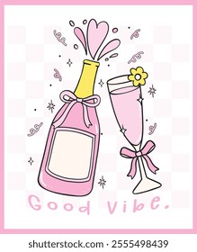 Coquette Retro Pink Champagne and flute Glasses popping Celebration Pink and Mint Hand Drawn Doodle 