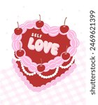 Coquette Retro Self Love Cake Illustration Groovy Coquette Design with cherry and bow.