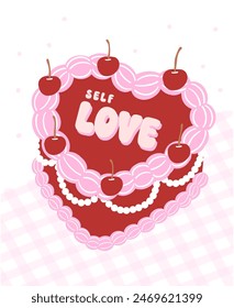 Coquette Retro Self Love Cake Illustration Groovy Coquette Design with cherry and bow.